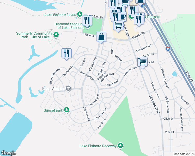map of restaurants, bars, coffee shops, grocery stores, and more near 29368 Batters Box in Lake Elsinore