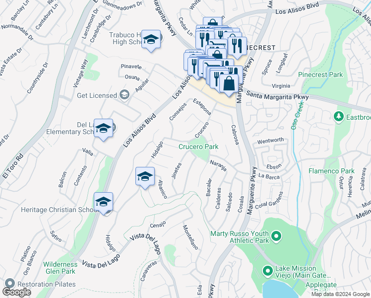 map of restaurants, bars, coffee shops, grocery stores, and more near 21765 Jinetes in Mission Viejo
