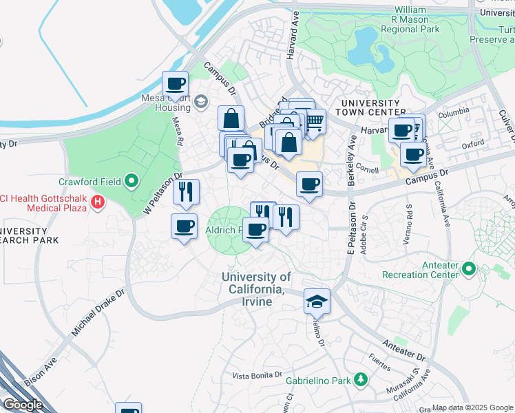 map of restaurants, bars, coffee shops, grocery stores, and more near in Irvine