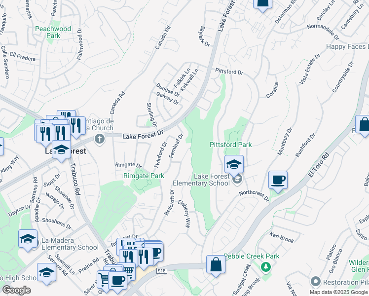 map of restaurants, bars, coffee shops, grocery stores, and more near 21725 Bellcroft Drive in Lake Forest