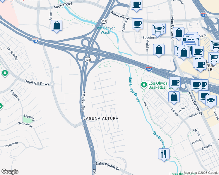 map of restaurants, bars, coffee shops, grocery stores, and more near 92 Bianco in Irvine
