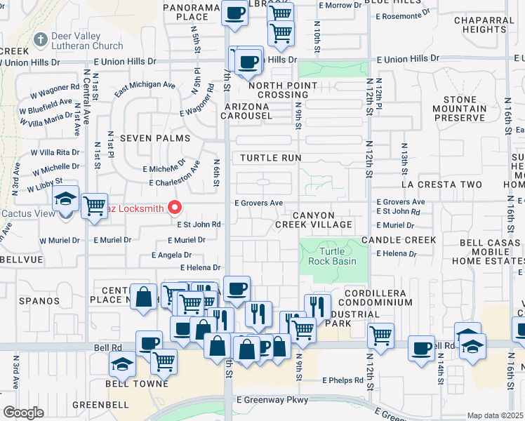 map of restaurants, bars, coffee shops, grocery stores, and more near North 8th Street in Phoenix