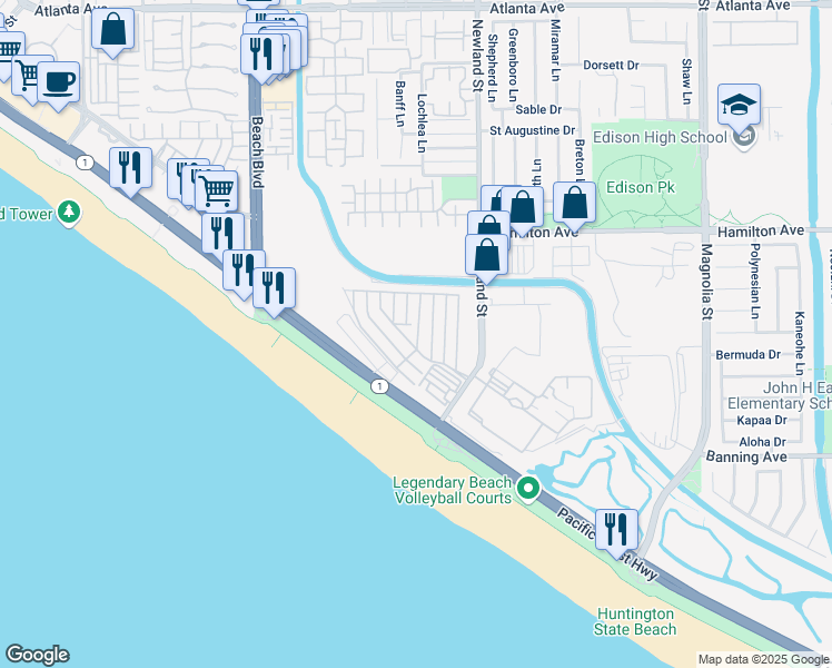 map of restaurants, bars, coffee shops, grocery stores, and more near 21851 Newland Street in Huntington Beach