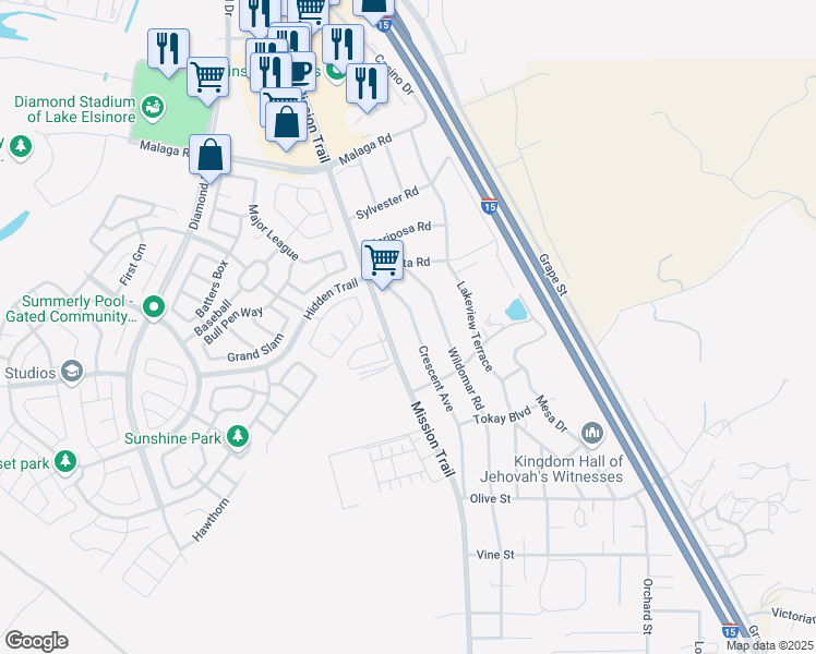 map of restaurants, bars, coffee shops, grocery stores, and more near Cresent in Lake Elsinore