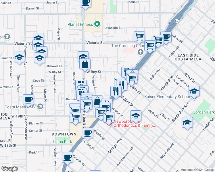 map of restaurants, bars, coffee shops, grocery stores, and more near 1973 Newport Boulevard in Costa Mesa