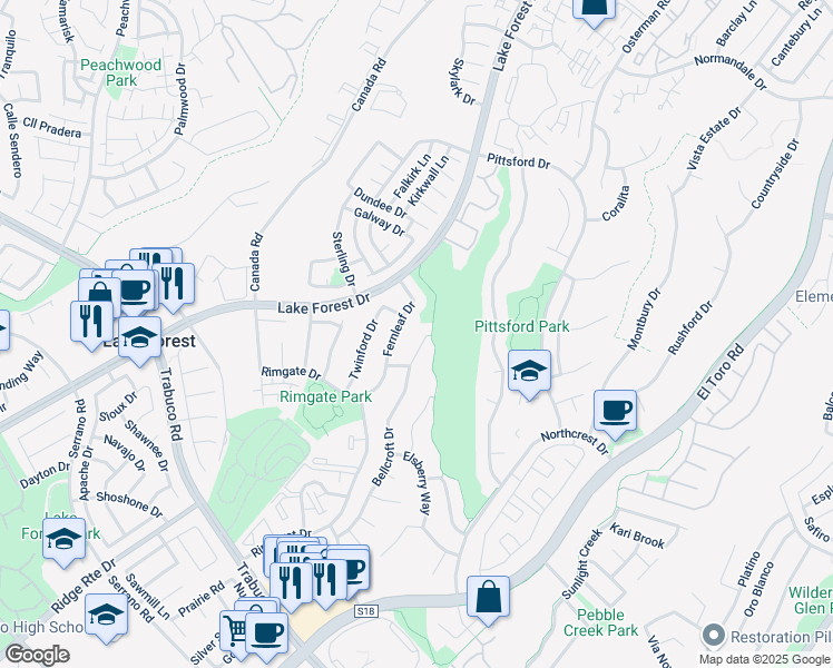 map of restaurants, bars, coffee shops, grocery stores, and more near 21725 Bellcroft Drive in Lake Forest