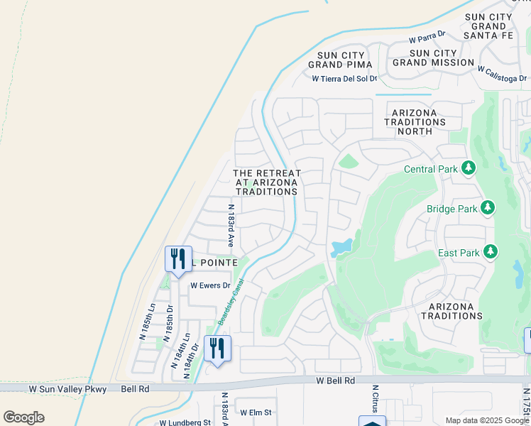 map of restaurants, bars, coffee shops, grocery stores, and more near 18194 West Continental Parkway in Surprise