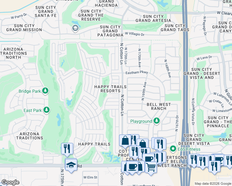 map of restaurants, bars, coffee shops, grocery stores, and more near 17101-17199 West Cool Water in Surprise