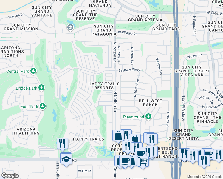 map of restaurants, bars, coffee shops, grocery stores, and more near 17101-17199 West Cool Water in Surprise