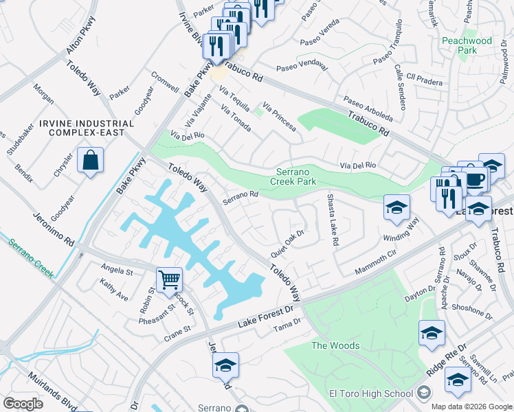 map of restaurants, bars, coffee shops, grocery stores, and more near 21752 Lake Vista Drive in Lake Forest