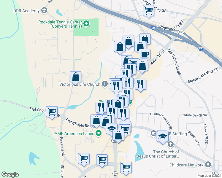 map of restaurants, bars, coffee shops, grocery stores, and more near 1615 Old McDonough Highway in Conyers