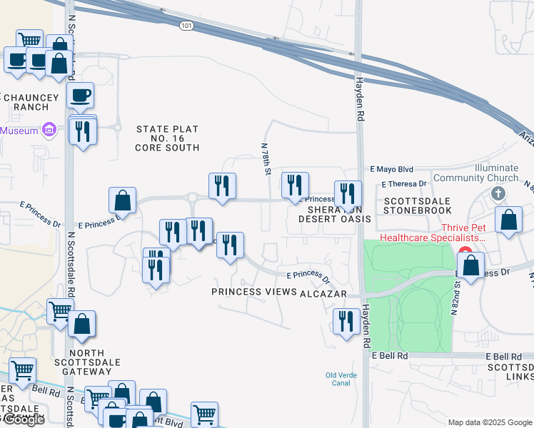 map of restaurants, bars, coffee shops, grocery stores, and more near 17712 North 77th Way in Scottsdale