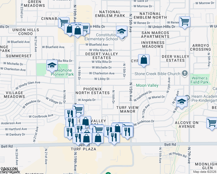 map of restaurants, bars, coffee shops, grocery stores, and more near 1629 West Grovers Avenue in Phoenix