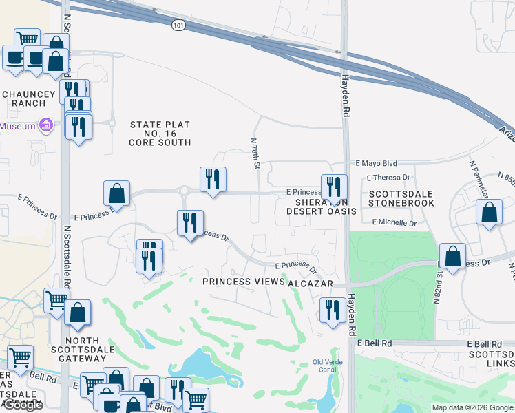 map of restaurants, bars, coffee shops, grocery stores, and more near 17628 North 77th Way in Scottsdale