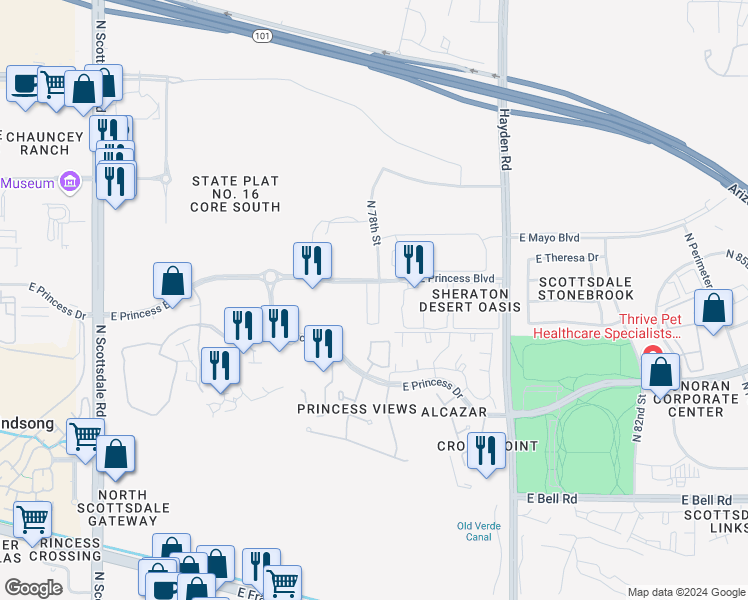 map of restaurants, bars, coffee shops, grocery stores, and more near 17628 North 77th Way in Scottsdale