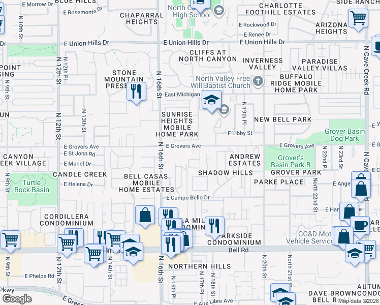 map of restaurants, bars, coffee shops, grocery stores, and more near 17610 North 17th Street in Phoenix