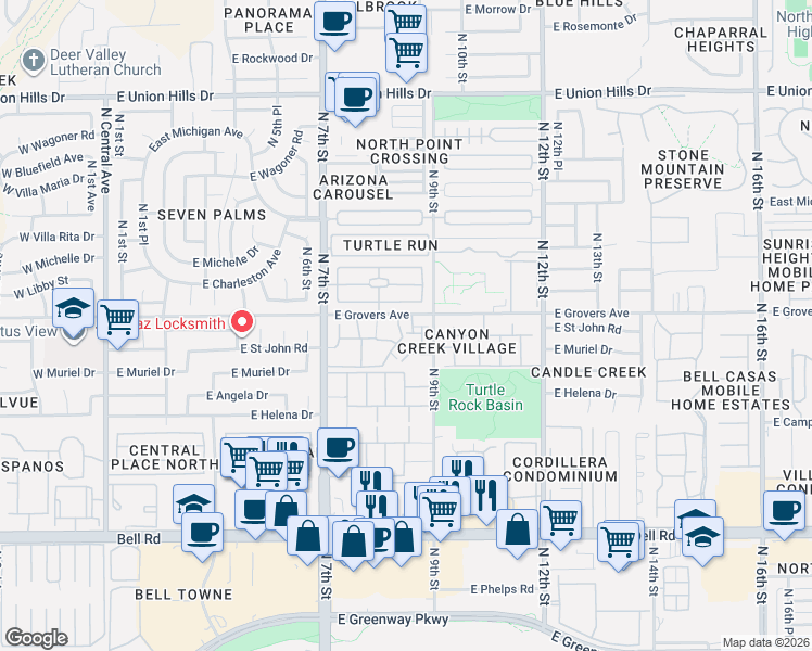 map of restaurants, bars, coffee shops, grocery stores, and more near 815 East Grovers Avenue in Phoenix