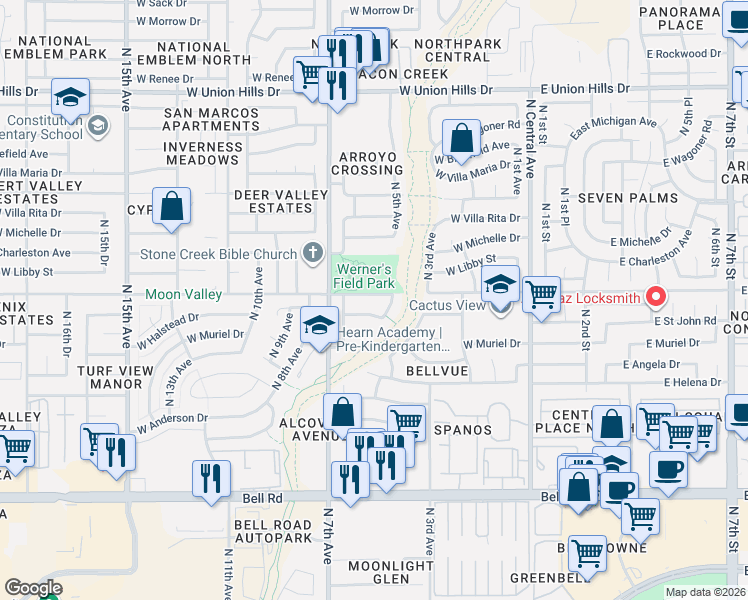 map of restaurants, bars, coffee shops, grocery stores, and more near 525 West Saint John Road in Phoenix