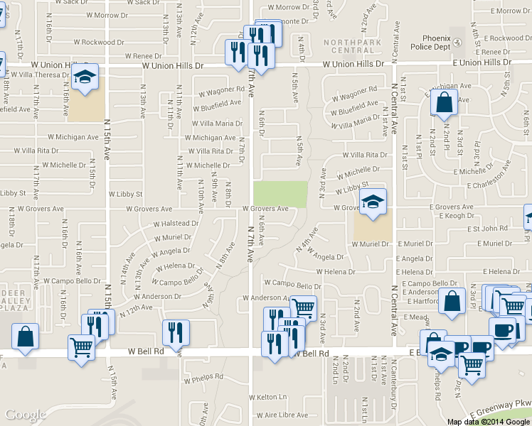 map of restaurants, bars, coffee shops, grocery stores, and more near 525 West Saint John Road in Phoenix
