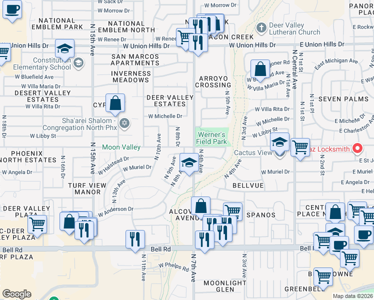 map of restaurants, bars, coffee shops, grocery stores, and more near 603 West Angela Drive in Phoenix