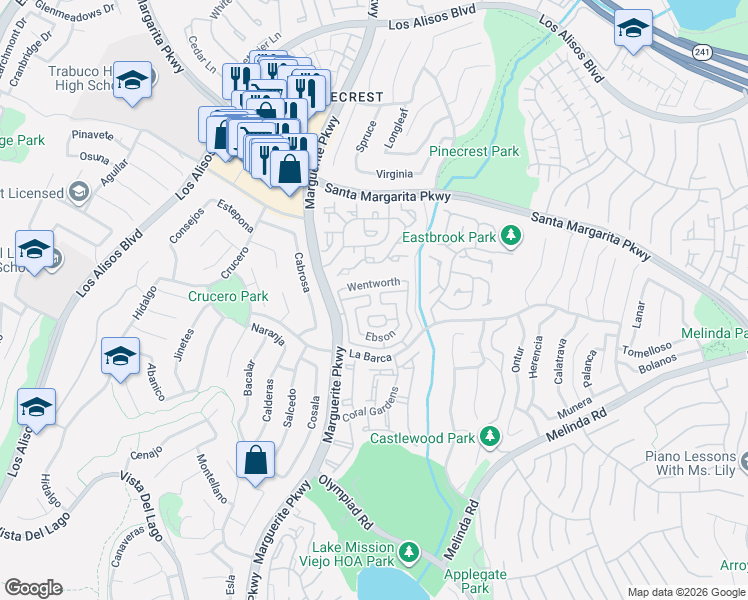 map of restaurants, bars, coffee shops, grocery stores, and more near 28012 Blandings in Mission Viejo
