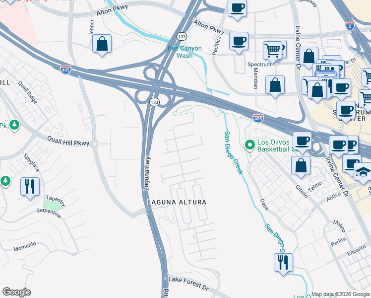 map of restaurants, bars, coffee shops, grocery stores, and more near 62 Bianco in Irvine