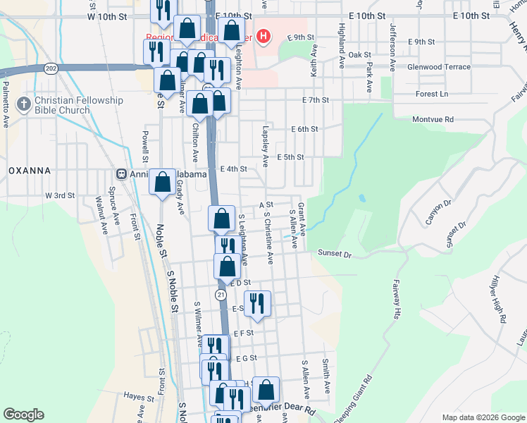 map of restaurants, bars, coffee shops, grocery stores, and more near 317 East B Street in Anniston