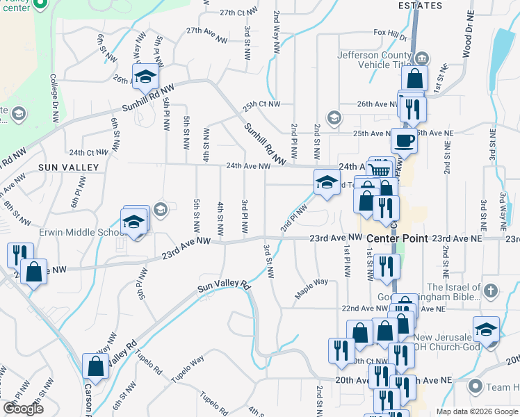 map of restaurants, bars, coffee shops, grocery stores, and more near 2309 3rd Street Northwest in Center Point