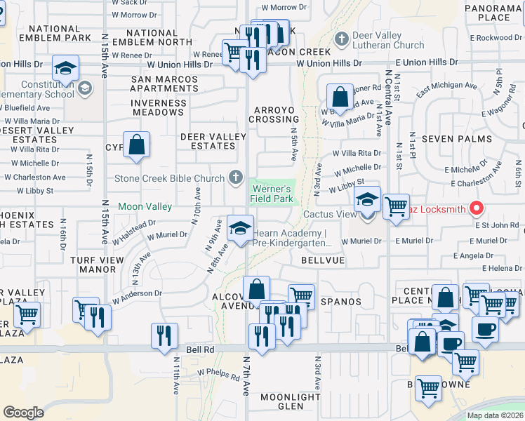 map of restaurants, bars, coffee shops, grocery stores, and more near 525 West Saint John Road in Phoenix