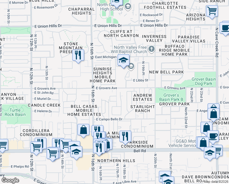 map of restaurants, bars, coffee shops, grocery stores, and more near 17610 North 17th Street in Phoenix