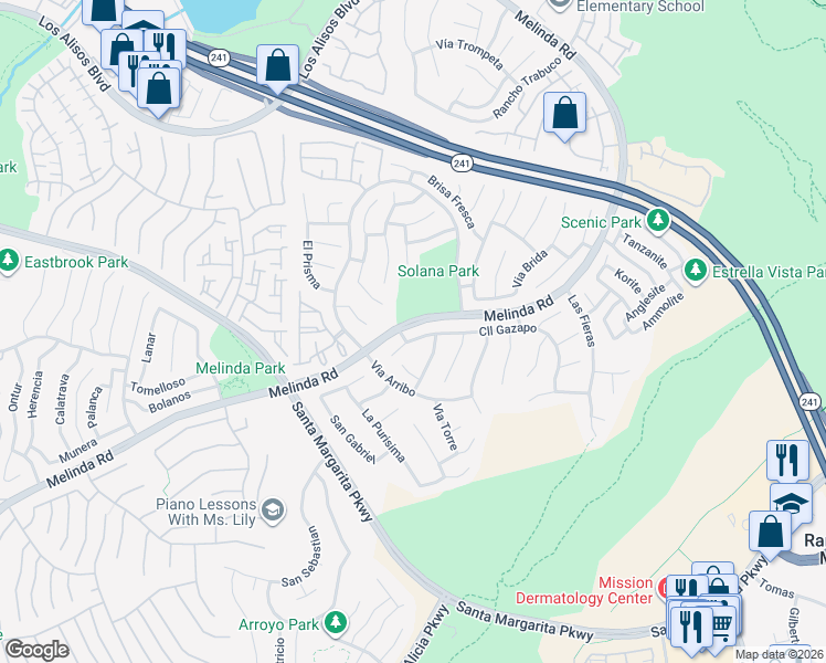 map of restaurants, bars, coffee shops, grocery stores, and more near 19 Calle Gazapo in Rancho Santa Margarita