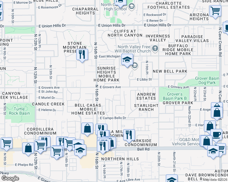 map of restaurants, bars, coffee shops, grocery stores, and more near 17610 North 17th Street in Phoenix