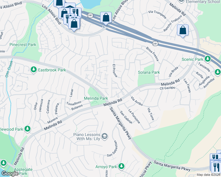 map of restaurants, bars, coffee shops, grocery stores, and more near 33 Via Madera in Rancho Santa Margarita