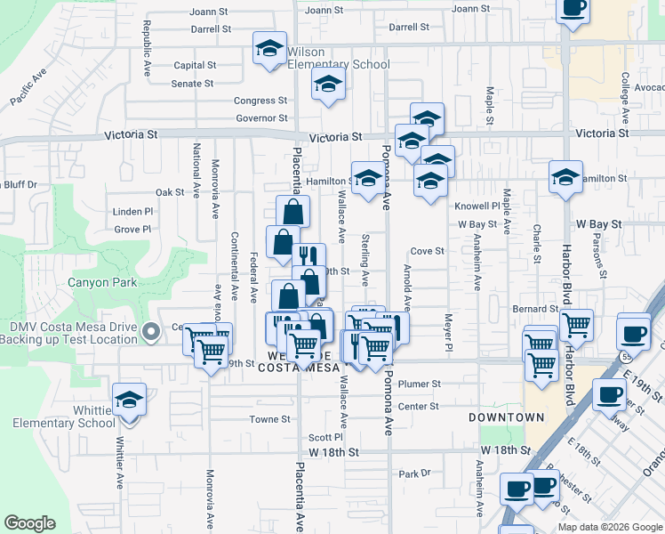map of restaurants, bars, coffee shops, grocery stores, and more near 758 West 20th Street in Costa Mesa
