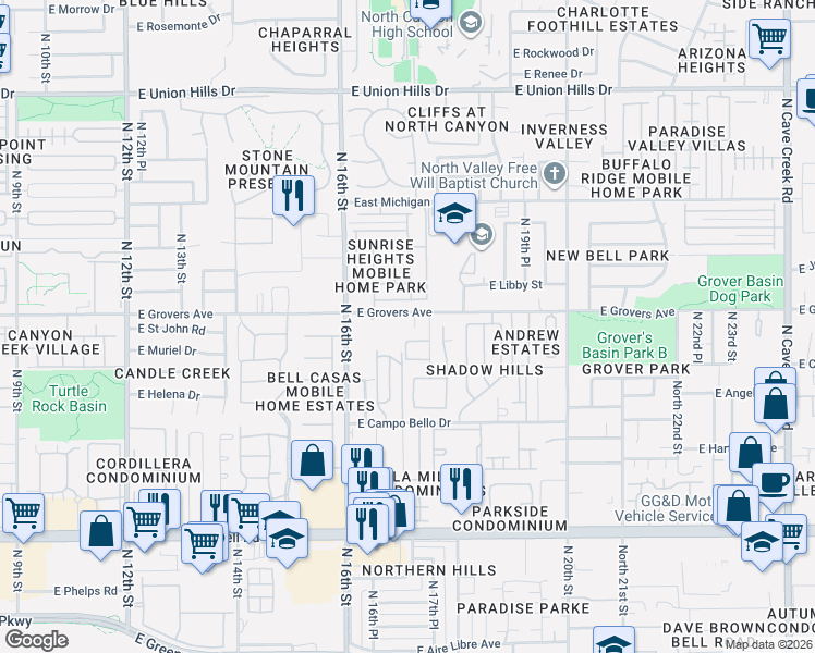 map of restaurants, bars, coffee shops, grocery stores, and more near 17610 North 17th Street in Phoenix