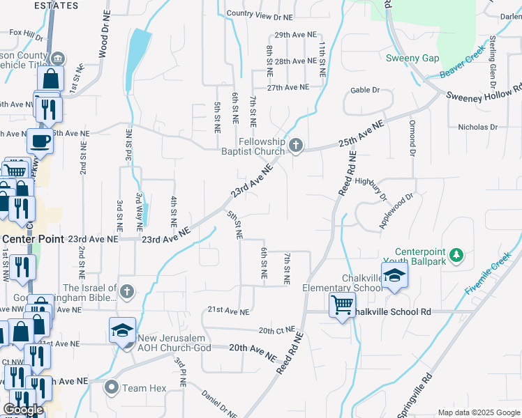 map of restaurants, bars, coffee shops, grocery stores, and more near 513 22nd Lane Northeast in Center Point