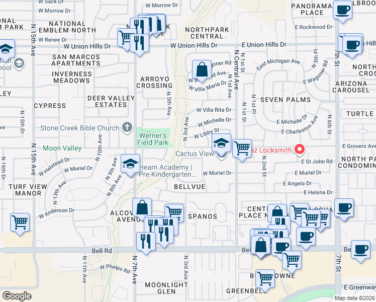map of restaurants, bars, coffee shops, grocery stores, and more near 307 West Saint John Road in Phoenix