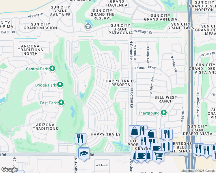 map of restaurants, bars, coffee shops, grocery stores, and more near 17200 West Bell Road in Surprise