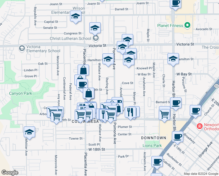 map of restaurants, bars, coffee shops, grocery stores, and more near 714 West 20th Street in Costa Mesa