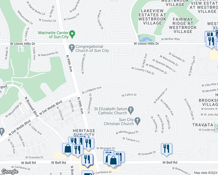 map of restaurants, bars, coffee shops, grocery stores, and more near 9827 West Lindgren Avenue in Sun City