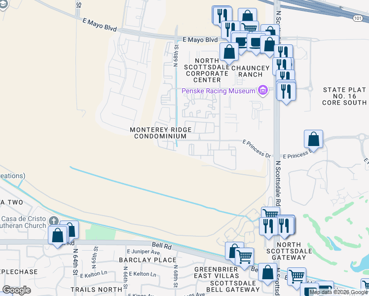 map of restaurants, bars, coffee shops, grocery stores, and more near 6975 East Princess Drive in Phoenix