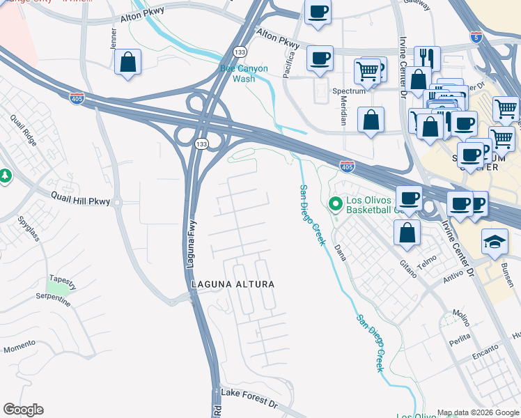 map of restaurants, bars, coffee shops, grocery stores, and more near 92 Bianco in Irvine