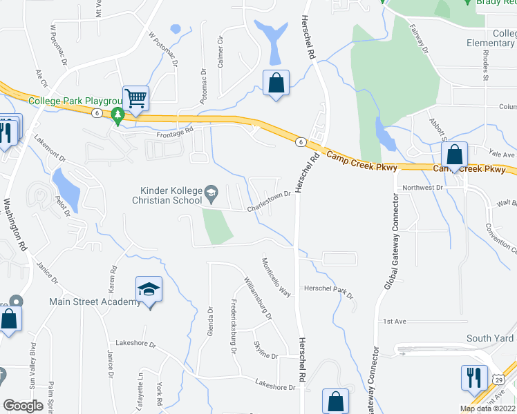 map of restaurants, bars, coffee shops, grocery stores, and more near 2630 Charlestown Drive in College Park