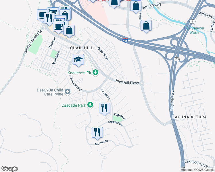 map of restaurants, bars, coffee shops, grocery stores, and more near 235 Tall Oak in Irvine