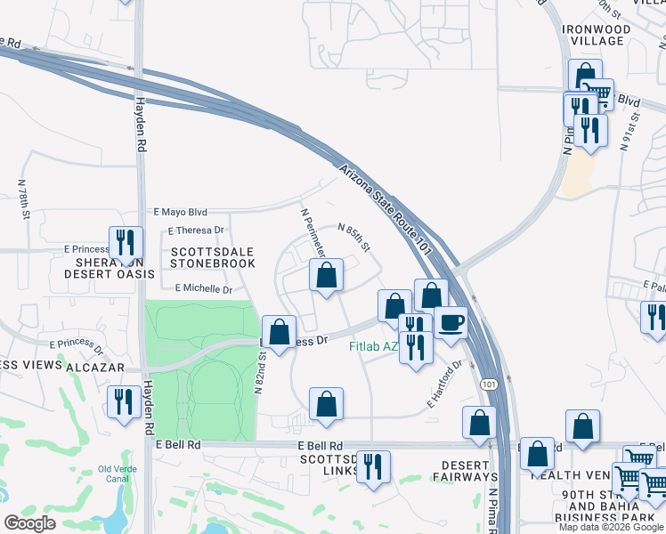 map of restaurants, bars, coffee shops, grocery stores, and more near 17777 North Perimeter Drive in Scottsdale