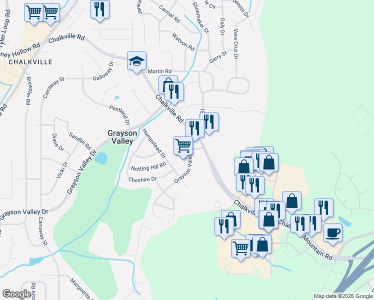 map of restaurants, bars, coffee shops, grocery stores, and more near 1225 Grayson Valley Parkway in Birmingham