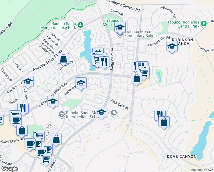 map of restaurants, bars, coffee shops, grocery stores, and more near 3 Vía Sincera in Rancho Santa Margarita