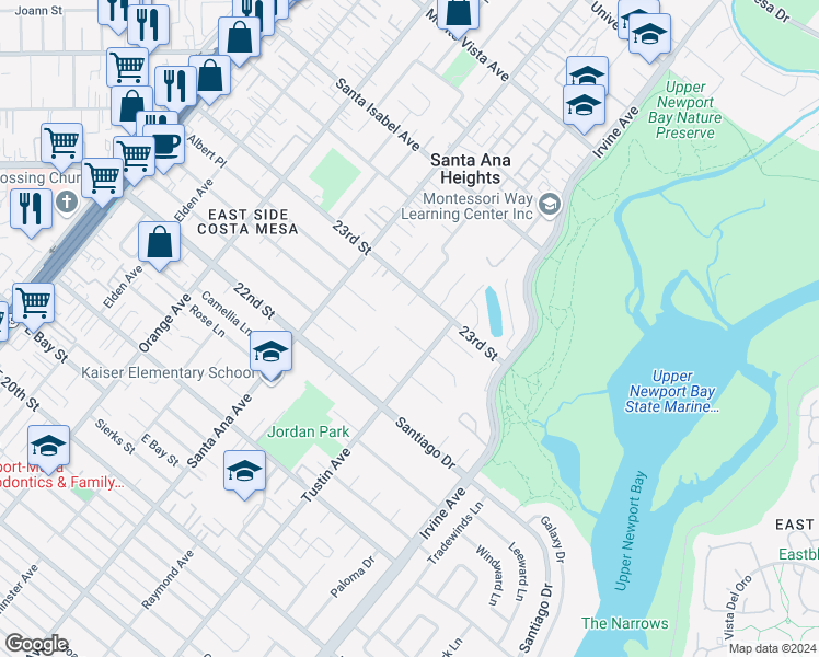 map of restaurants, bars, coffee shops, grocery stores, and more near 376 Vista Baya in Newport Beach