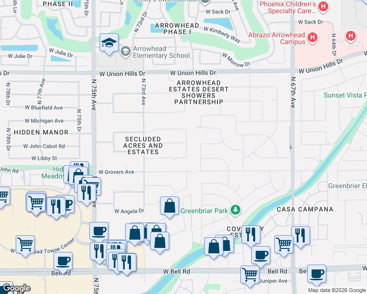 map of restaurants, bars, coffee shops, grocery stores, and more near 18023 North 71st Drive in Glendale