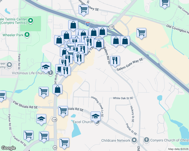 map of restaurants, bars, coffee shops, grocery stores, and more near 1571 Walnut Street Southeast in Conyers